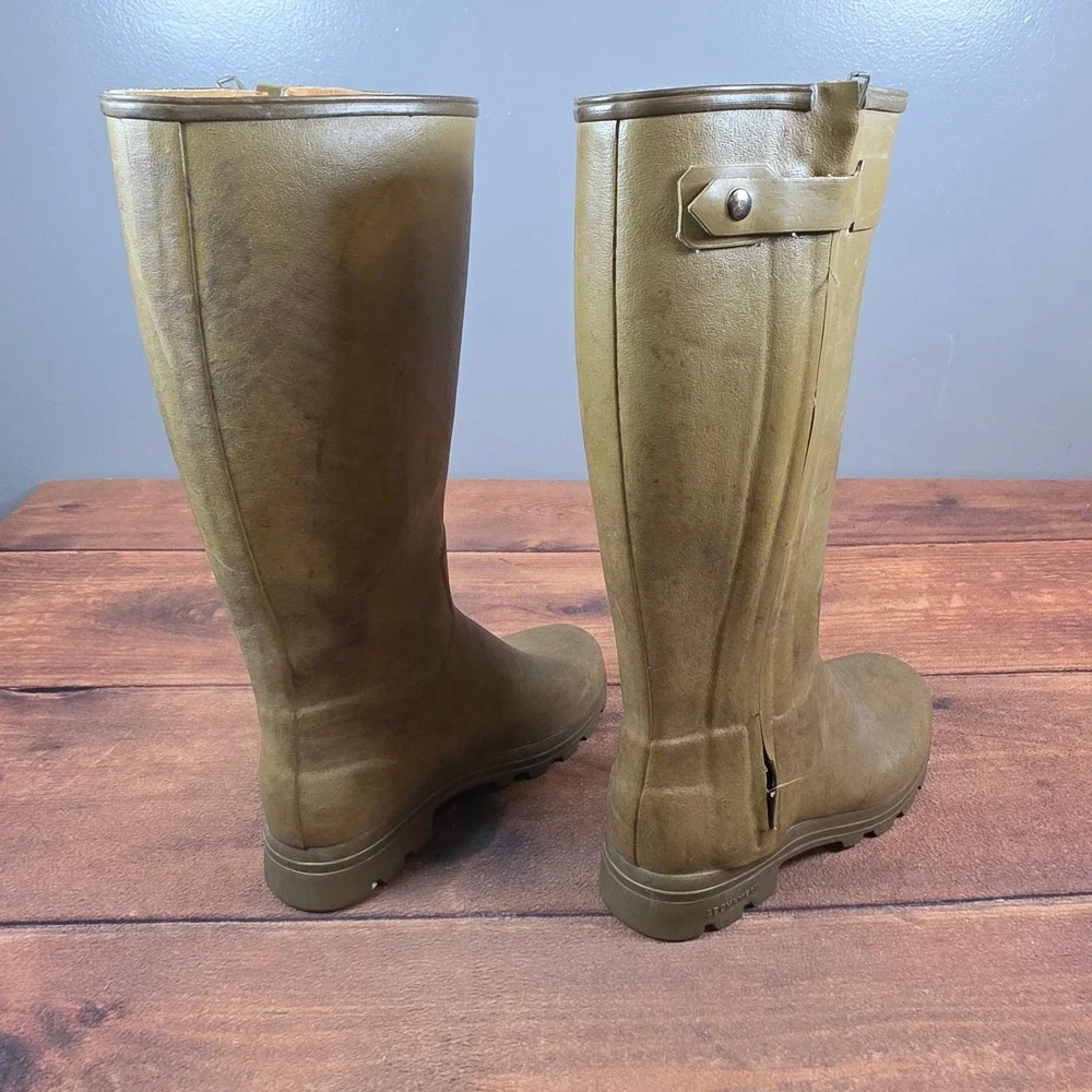 Le Chameau Chasseur Boots Mens 9 Olive Good Leather Lined Zip Rain Bag